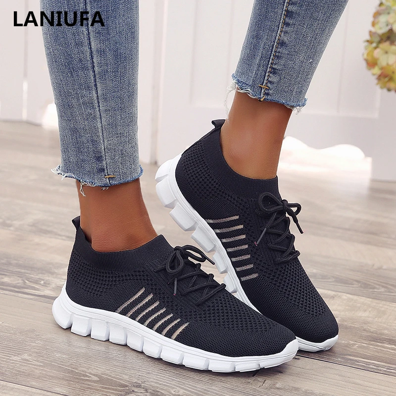 

new Autumn Casual Women Shoes women Round Toe Lace Up breathable mesh walking shoes women flats Shoes mujer plus size 35-43 &303
