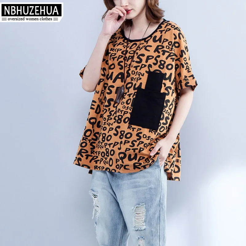 

NBHUZEHUA 7G762 2018 New Arrived Vintage Women T-Shirt Short Sleeve Letter Print Summer Top 2018 Large Sizes Cotton Tshirt 5XL