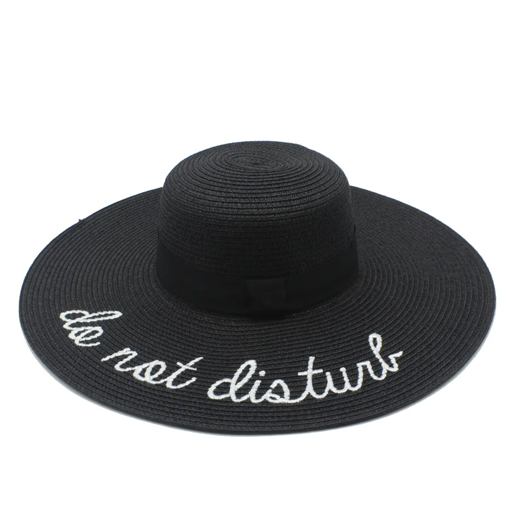 

LUCKYLIANJI Sequin Letter Black Ribbon Women Lady Elegant Large Brim Straw Floppy Summer Fashion Vacation Travel Casual Sun Hat