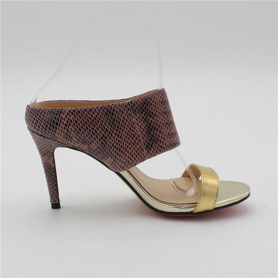 Enmayla/Летняя обувь новые женские сандалии без застежки с принтом змеи серебристого и золотистого цветов женские пикантные шлепанцы на высоком каблуке с открытым носком
