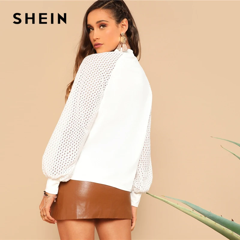 SHEIN Топ С Оригинальным Рукавом И Стоячим Воротником Женская Белая Весенняя Элегантная Блузка С Длинными Рукавами