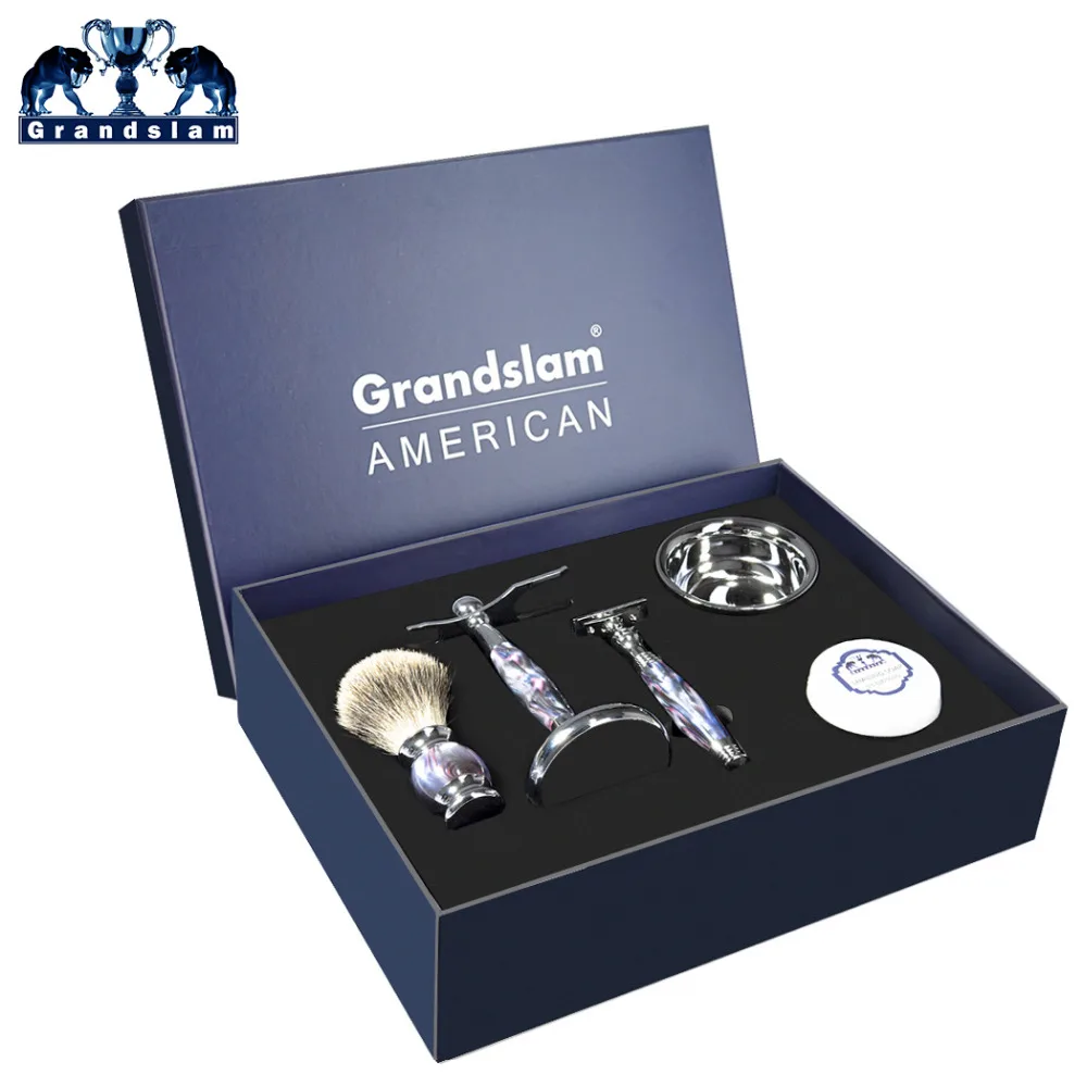 

Grandslam Men 5pcs/Set Luxury Shave Set Cartridge 5 Blade Razor Badger Shaving Brush Holder Stand Bowl Mug Shaving Soap