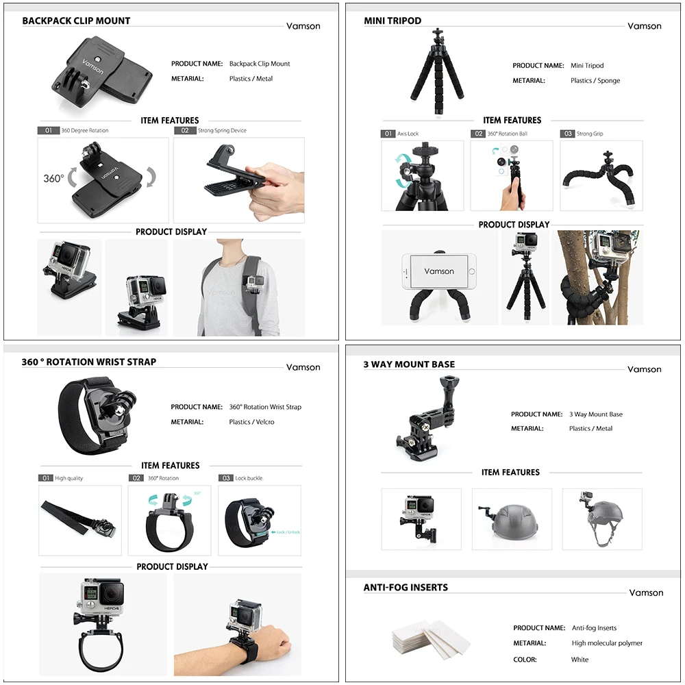 Vamson accesorios para Go Pro Set 3 vías montaje Base colección adaptador para Gopro Hero 6 5 4 3 + para Xiaomi Yi para SJ4000 VS119 - 5