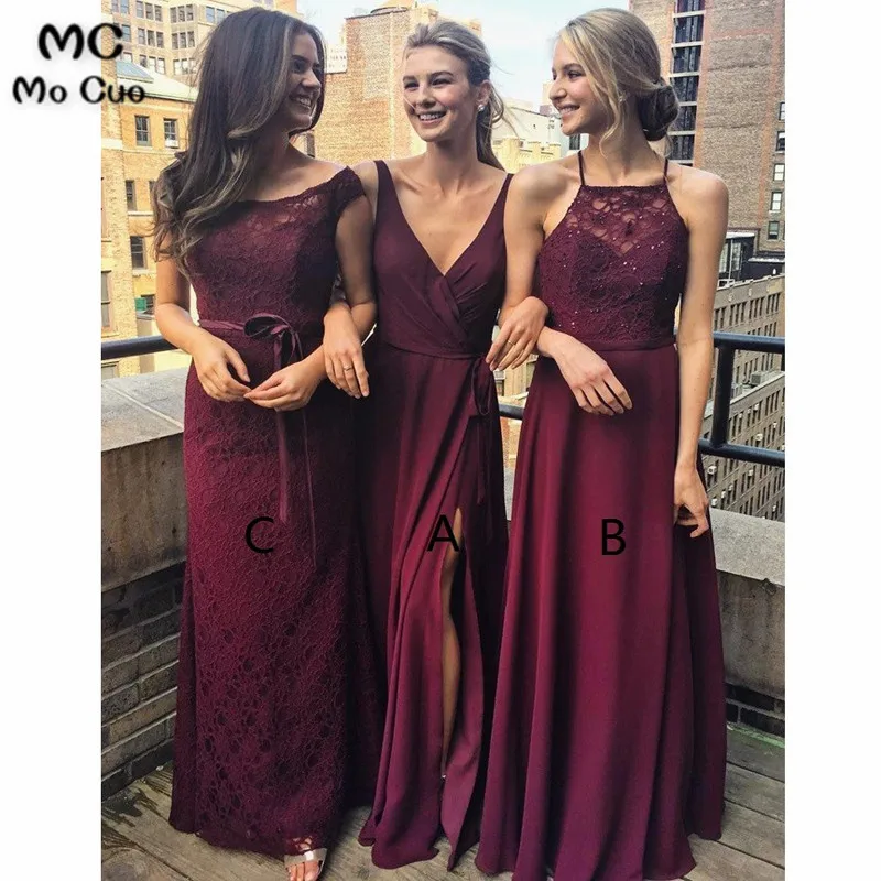 

2018 Burgundy Bridesmaid Dresses Long with Lace Short Sleeves ABC Design Wedding Party Dress Bridesmaid Dress