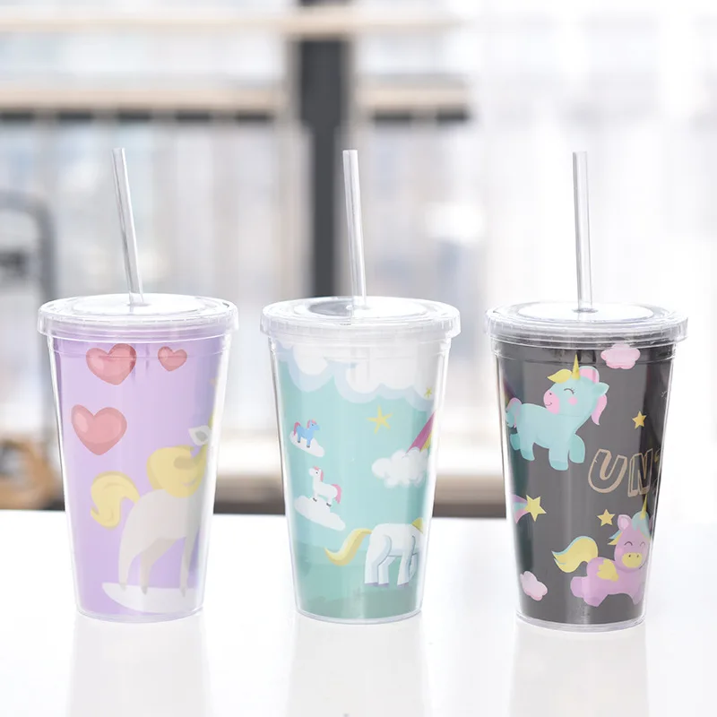 

Cute Unicorn Creative Straw Mugs High Quality Plastic Round Milk Coffee Juice Beer Cup Lovely School Office Home Drinkware 450ML