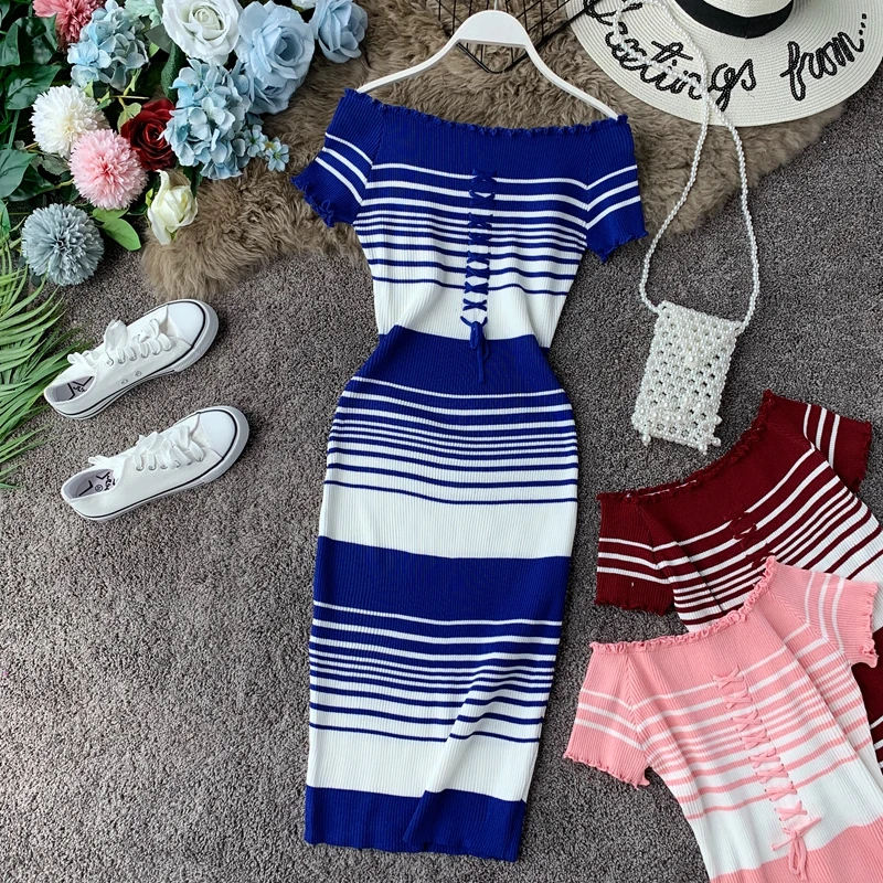 OCEANLOVE Sexy Dress Women Bodycon Striped Off Shoulder Knitted Midi Dress Summer High Waist Short Sleeve Vestidos 12421