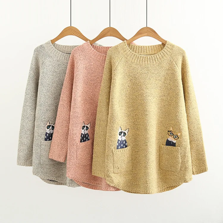 Japanese Style Cartoon Pullover Sweater Autumn Winter New Fashion Woman Knit Sweaters O-Neck Long-Sleeved Pocket Cat Sweater CH750 (3)