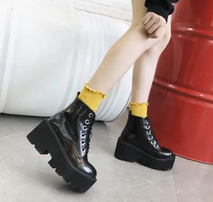 Negro Nuevos Plataforma Zapatos Ojales Botas Charol Punk Mujeres Grueso Invierno Encaje Talón Botines De Otoño Sólido Moto La gqr4qX
