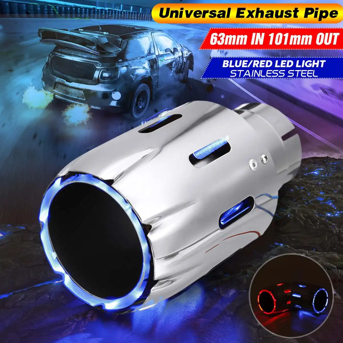 

Stainless Steel Exhaust Muffler Tip 63mm IN 101mm OUT w/ Blue Red LED Light Clamp-on