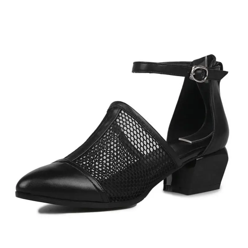 RIZABINA/Новые сандалии-гладиаторы; обувь из натуральной кожи; женская обувь с пряжкой и ремешком на щиколотке на квадратном каблуке; обувь для деловой женщины; размеры 34-40 - Цвет: Черный