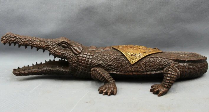 

S4858 15" Chinese Bronze Gilt Ying Reptile Animals Fierce Crocodile Cayman Statue D0318