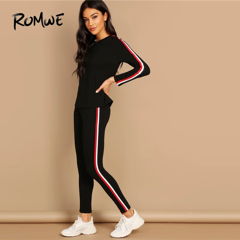 ROMWE полосатый ленточный тройник брюки набор Мода черный круглый вырез длинный рукав женский комплект 2 шт. весна осень женщин s два шт