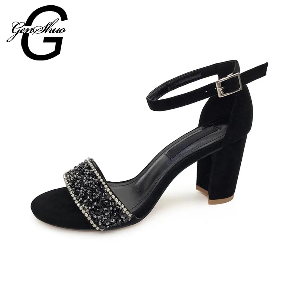

GENSHUO Women's Sandals Summer Shoes Heels Fashion Ladies Ankle Strap Rhinestone Sandalias Mujer 2018 Black