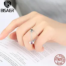 BISAER Настоящее серебро 925 пробы, розовое сердце, прозрачное CZ Кольцо на палец для женщин, Европейское ювелирное изделие из стерлингового серебра ECR015