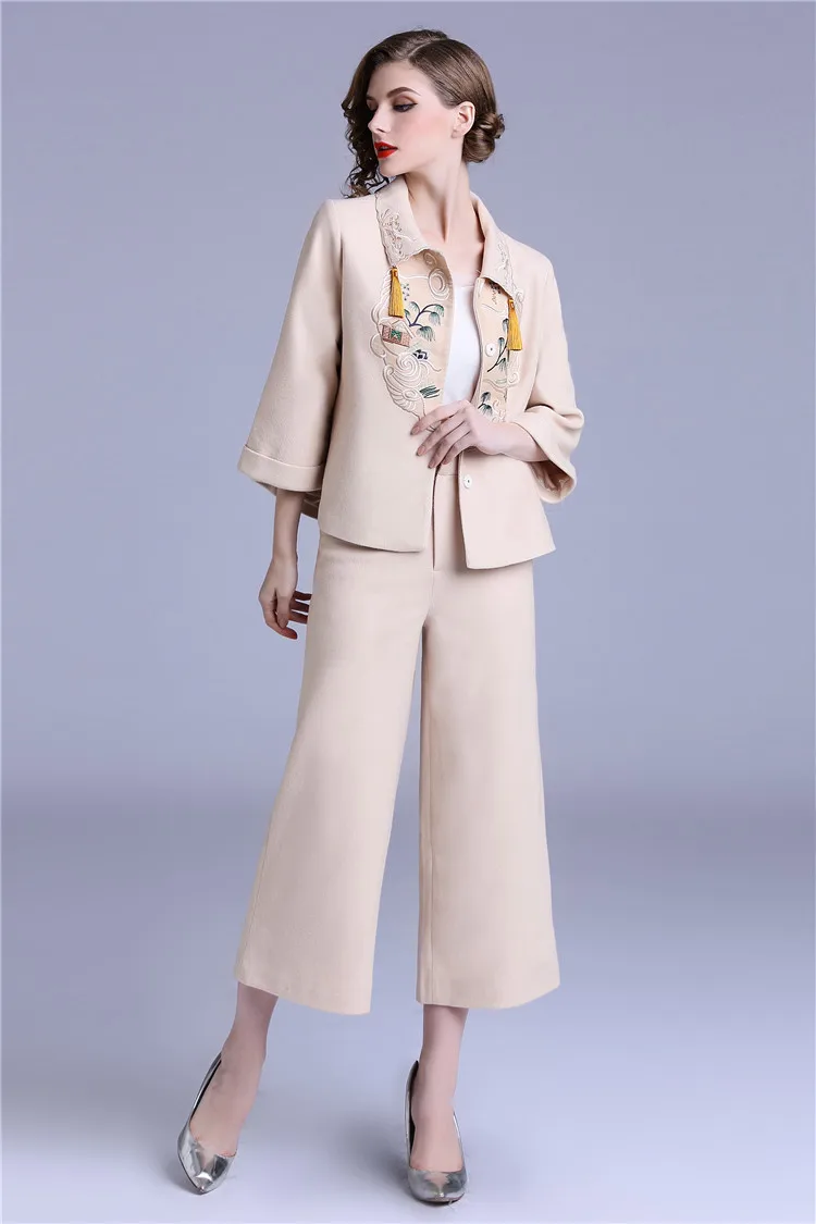 Высококачественный брендовый осенне-зимний дизайнерский комплект одежды для женщин, шерстяное пальто с вышивкой, куртка+ широкие штаны, теплый костюм
