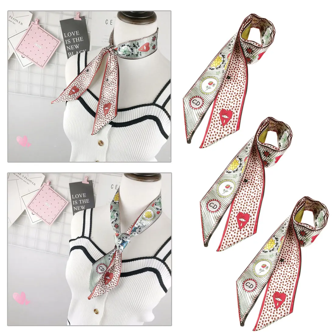 

New Small Floral Print Scarf Silk Scarf Handle Bag Ribbons Bandana Foulard Women Headwear Geometric Long Handbag Scarves