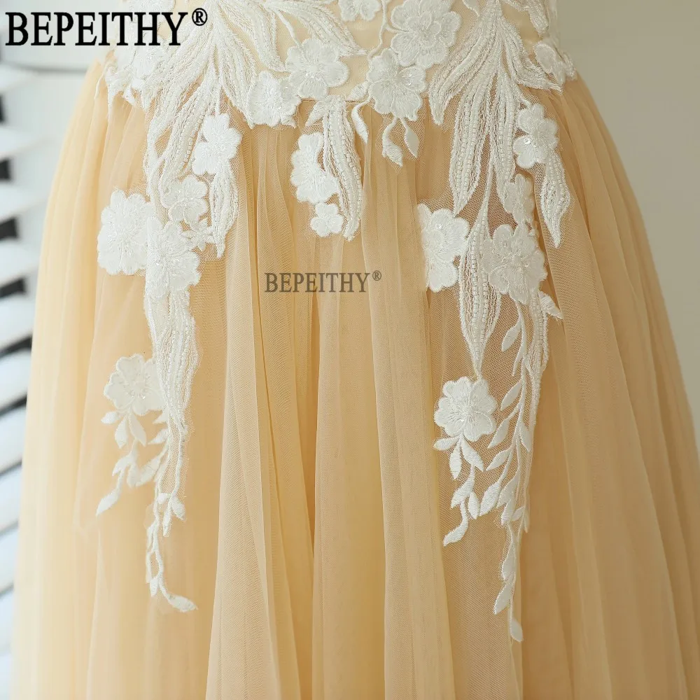 BEPEITHY vestido de festa Новый дизайн Милая с открытыми плечами Тюль Аппликации Длинные вечерние платья 2019