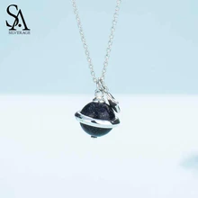 SA SILVERAGE Real Sterling 925 Silver Necklace Women Black Gemstone Planet Pendant S925 Fine Jewelry Lover Gift Accessories
