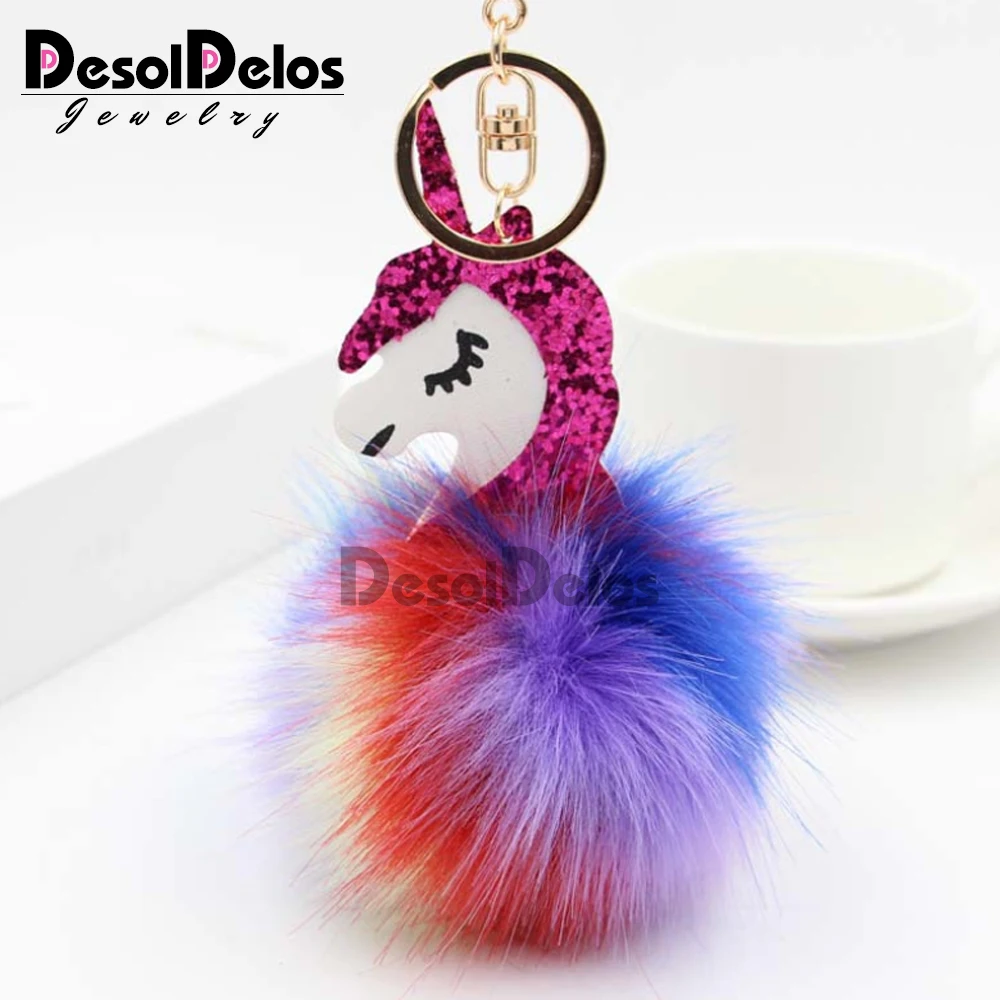 

Unicorn pompom Keychain Colorful Fake Rabbit fur ball Fluffy licorne Key Chain Horse porte clef Bag Car Keyring for Women