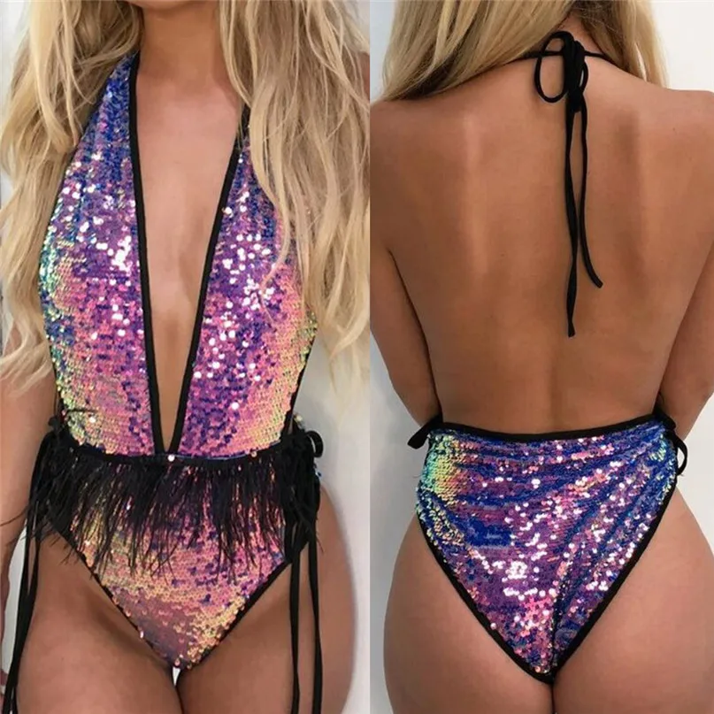 One-Piece Swimsuit Sexy Women Paillette One-Piece Swimsuit Beachwear Swimwear Push-up Bikini monokini 2019 #2D26 (2)