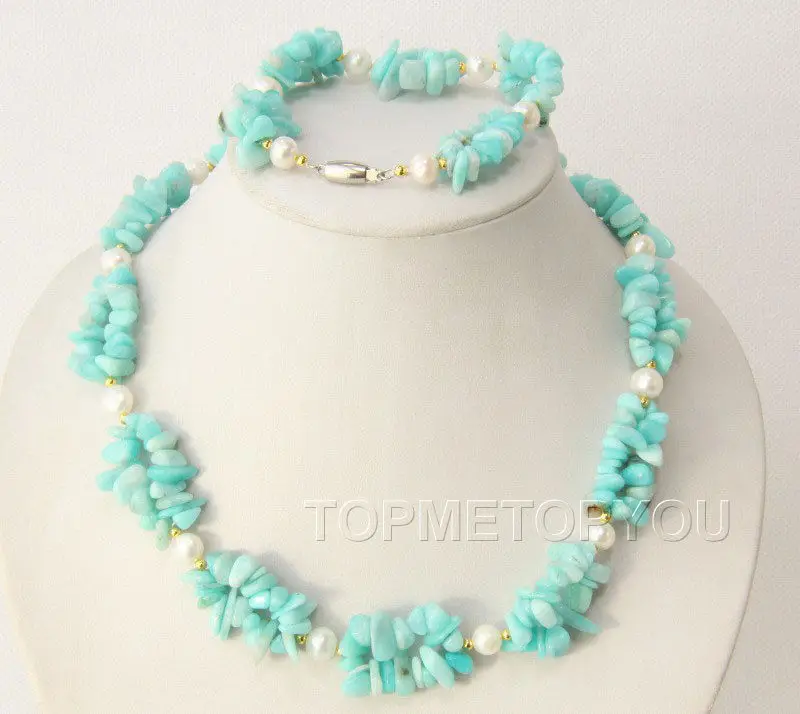 

FREE SHIPPING>>new hot beautiful 2strands white pearls jade chip stones necklace bracelet Set E2028