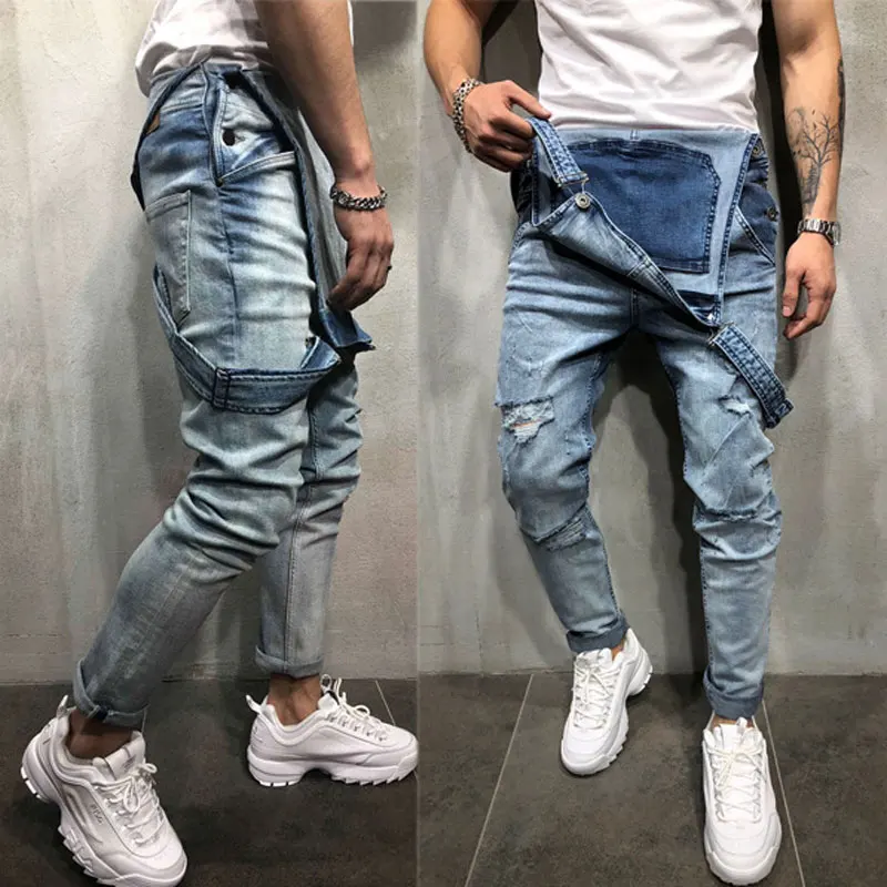 

2019 Men's jeans New Men's Denim Straps Hole Suspenders Large size New Bib Men's Overalls More size S-XL XXL XXXL