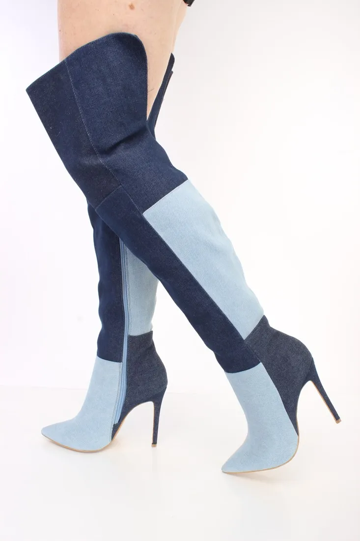 2017 New Arrival Blue Denim Boots Women Pointy Toe High Heel Over The Knee Boots Patchwork Thigh High Boots Zipper Long Boots