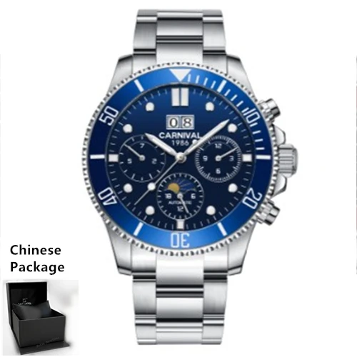Карнавальный moon phase мужской роскошный бренд часов автоматические механические часы мужские полностью стальные часы relogio masculine uhr kol saati - Цвет: Blue C8880 C