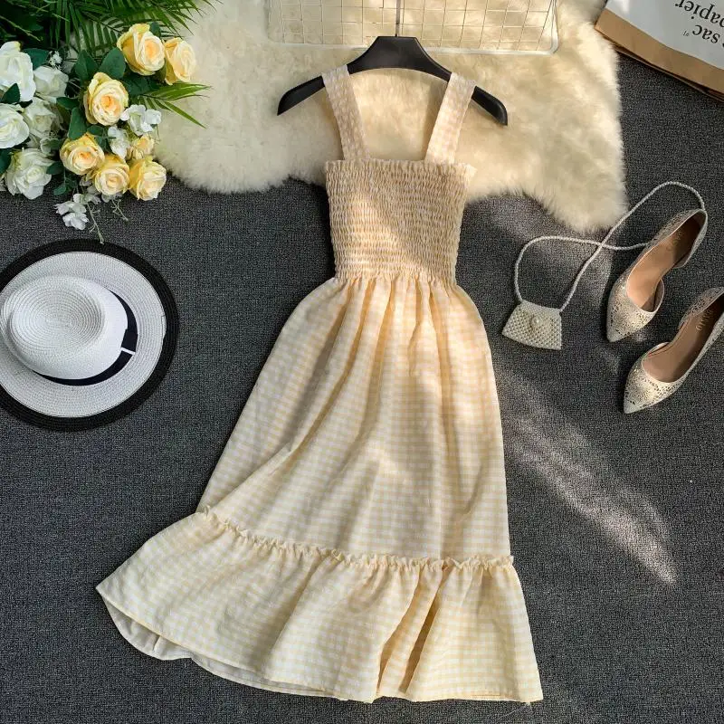 Slim Ladies Ruffles Vintage Plaid Print 2020 Sexy Summer Midi Dress Party Spaghetti Strap Women Casual Beach Elegant Vestidos