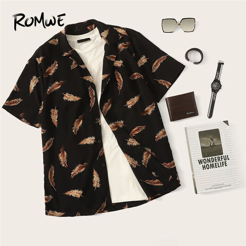 

ROMWE Men Allover Feather Print Buttoned Shirt 2019 Fabulous Black Summer Short Sleeve Shirts Comfy Single Breasted Blouse