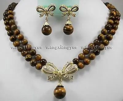 

Hot sell Noble- hot sell >>>> 2Rows Tiger's Eye Round Beads Pendant Natural stone Necklace earrings set AAA Crys