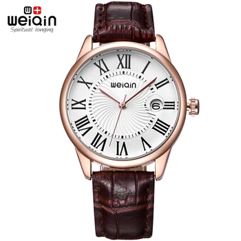 

WEIQIN Rose Gold Case Coffee Leather Watches Women Roman Style Fashion Watch Ladies Date Quartz-watch Hour reloje mujer relogios