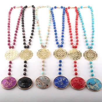 

Fashion Bohemian Jewelry Multi Color Stones Rosary Chain Metal Link Stone Pendant Necklaces For Women Ethnic Necklace