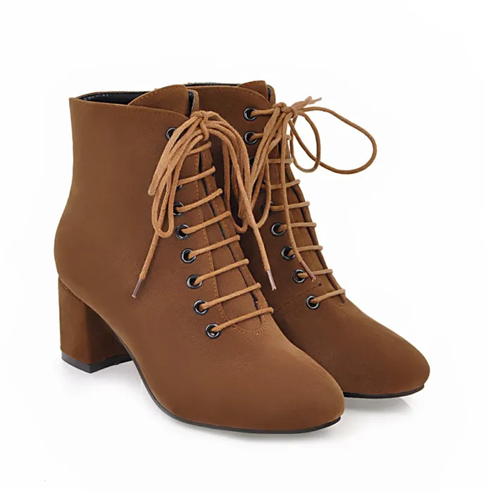 Meotina/ботильоны для женщин; женские ботинки на квадратном каблуке; полусапожки на высоком каблуке; сезон осень; повседневная обувь на шнуровке с круглым носком; 43 - Цвет: Brown Velvet Lining