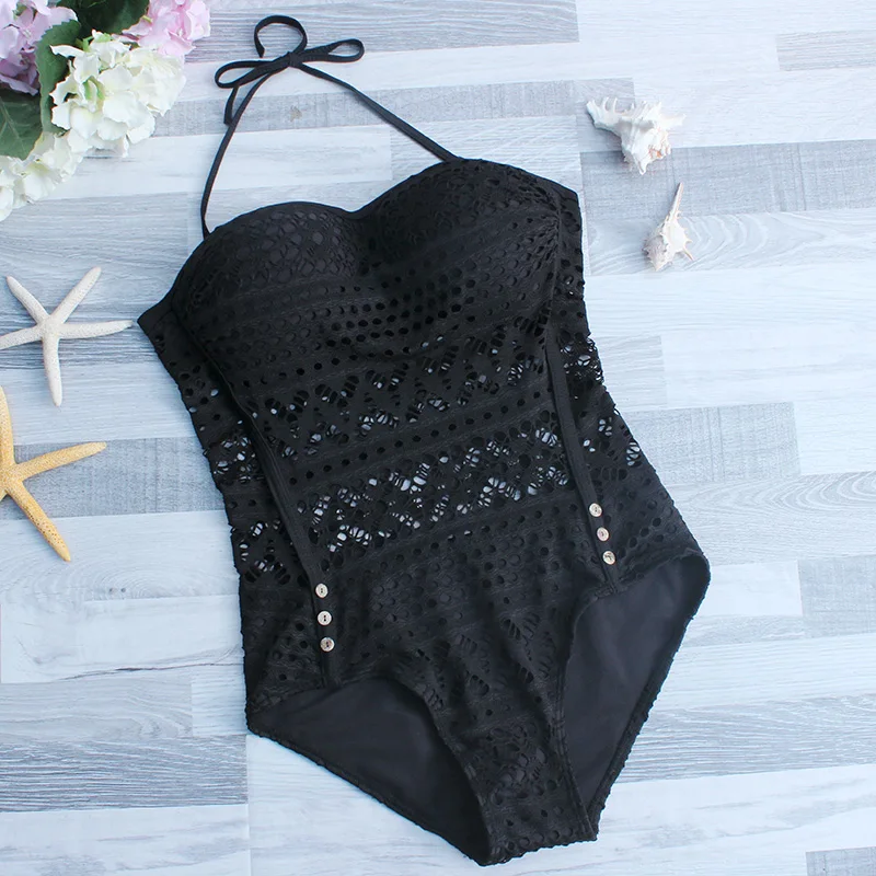 Kailindi Solid Black One Piece Swimsuit Lace Women Swimwear Halter ...