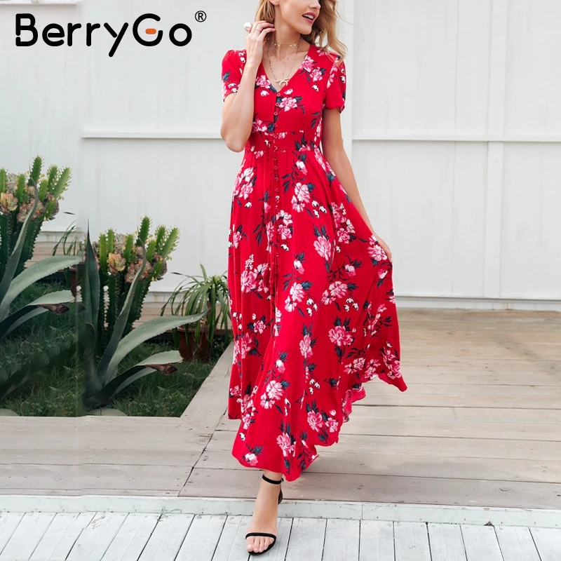 BerryGo imprimé floral rouge robe longue femmes V cou maxi ...