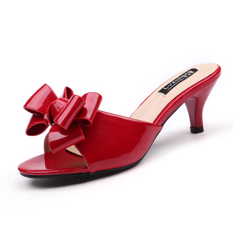 

2019 new summer sexy patent leather women's slippers Ladies Fish mouth sandals bowknot sexy high heels slippers Women Shoes
