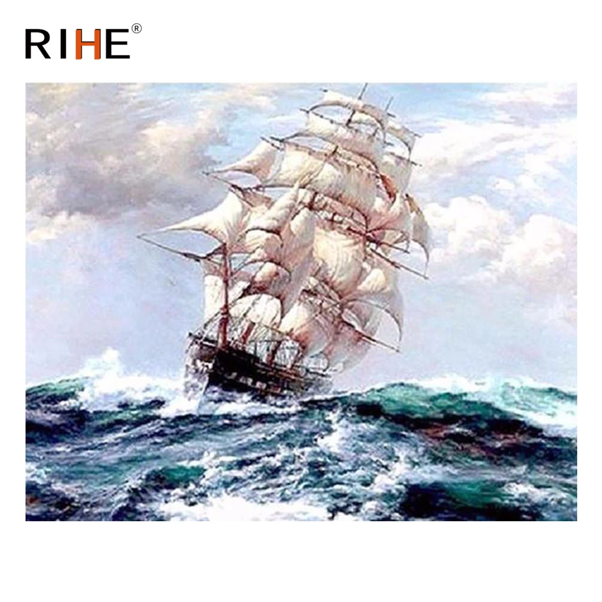 

RIHE Ship Sailing Diy Painting By Numbers Abstract Ocean Oil Painting On Canvas Cuadros Decoracion Acrylic Wall Picture For Room