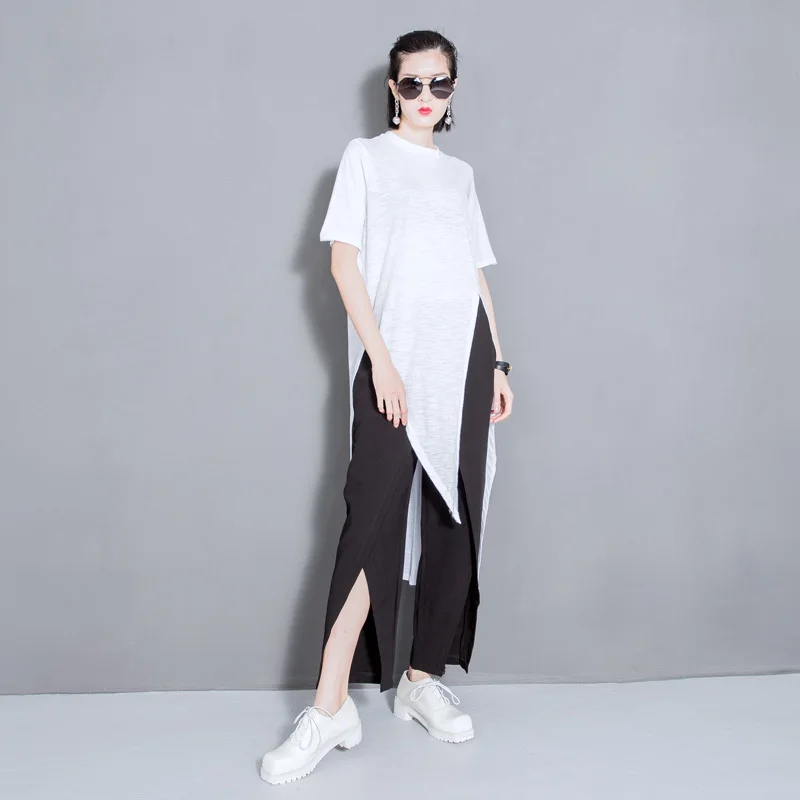 [EAM] Весенняя модная новая Однотонная футболка с разрезом, Корейская свободная Модальная Необычная футболка, топы, тонкие женские футболки T29800 - Цвет: white