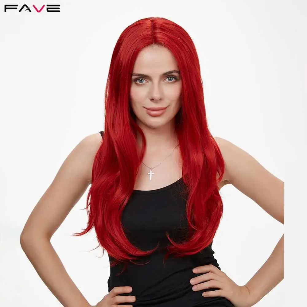 

FAVE Premium Long Synthetic Lace Front Wig Red Body Wave Lace Middle Part Heat Resistant Synthetic Cosplay Hair Wigs For Women