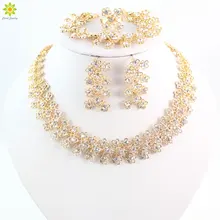 Комплекты украшений для женщин золотистого цвета прозрачный кристалл вечерние свадебные ожерелья серьги браслеты кольцо свадебное платье аксессуары Костюм