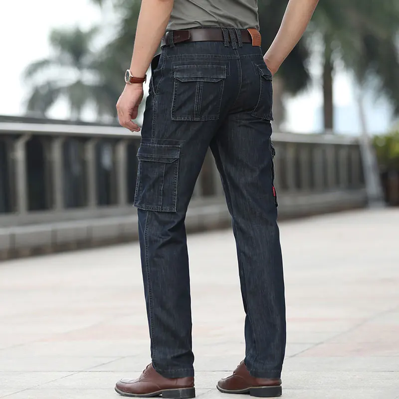 Summer JEEP Brand Cotton Cargo Jeans Elastic Men's Casual Full Length Retro Jeans Multi Pockets Cotton Pants Fashion Trousers 44 (45)