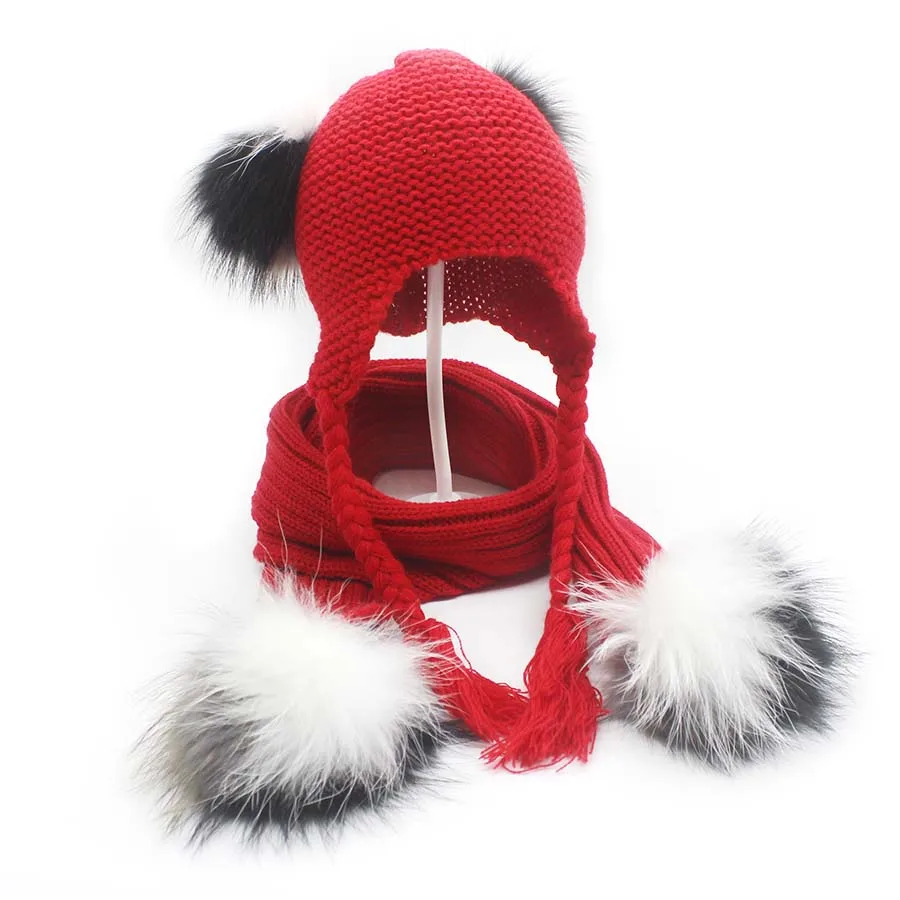 Детский набор шапки и шарфа для мальчиков и девочек, От 1 до 3 лет, популярные помпоны, косичка, зимние теплые шапочки - Цвет: Red3