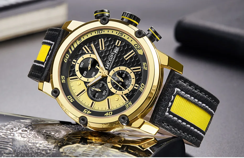 Мужские спортивные часы MEGIR с кожаным ремешком и хронографом, модные водонепроницаемые аналоговые кварцевые наручные часы для мужчин 2079GDBK