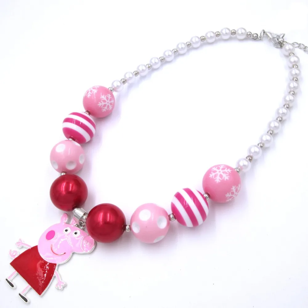 

New Lovely Baby Kids Birthday Gift Toddler Girls Chunky Beads Necklace Alloy Pink Pig Charm Chunky Bubblegum Necklace Jewelry