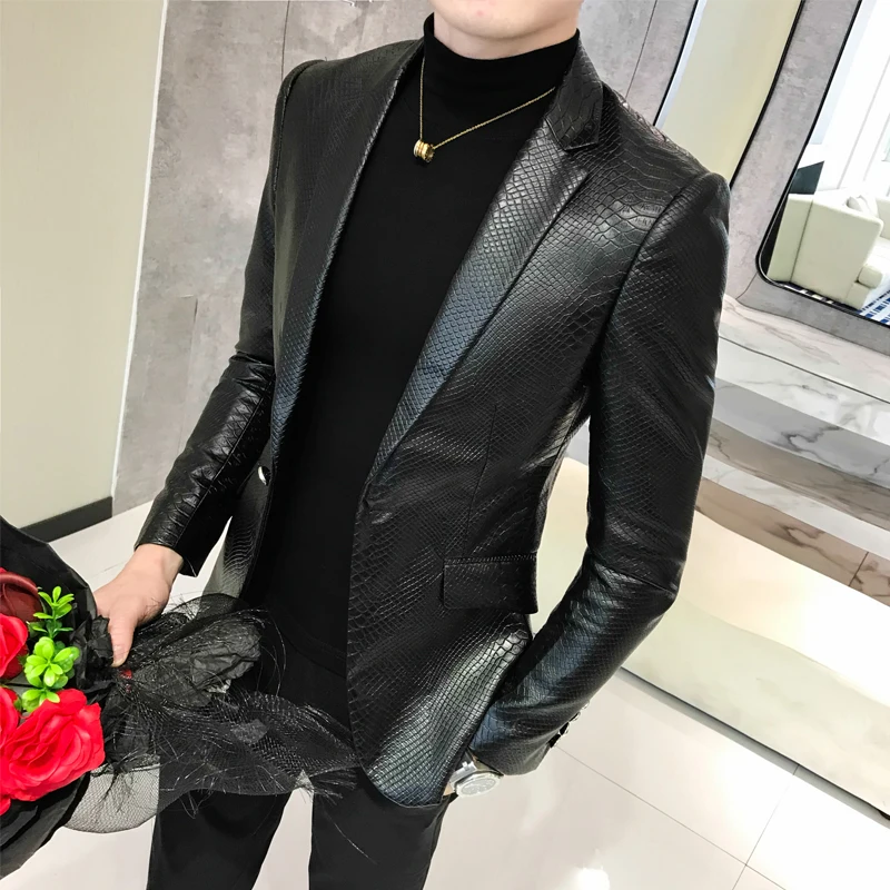 

Mens Faux Leather Jacket Coat Business Casual Snake Skin Style Slim Blazer Jackets Black Male