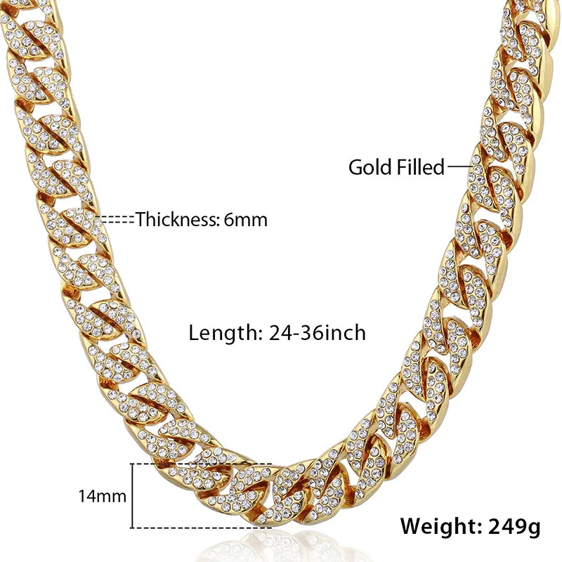 

15mm Miami Curb Cuban Chain Necklace For Men Gold Silver Hip Hop Iced Out Paved Rhinestones CZ Rapper Necklace Jewelry Man Choke