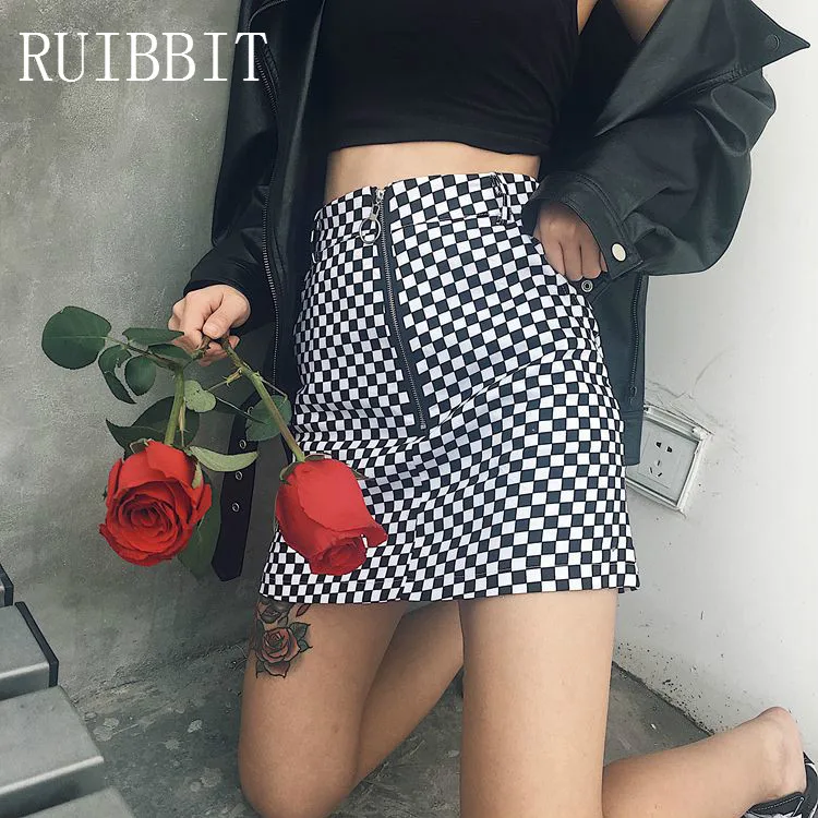

women black white checkered front zipper punk cool skirt Harajuku Zip chequered pleated plaid mini slim A-line female skirts