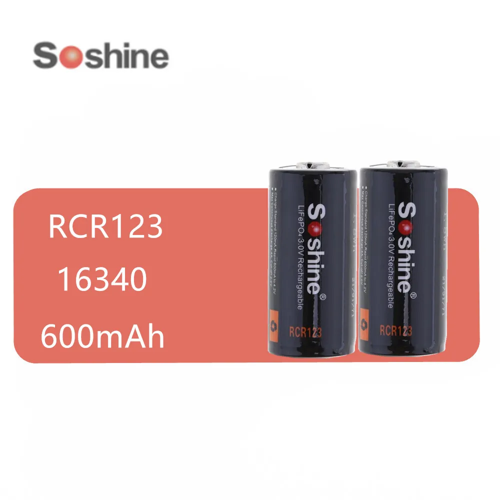 2 шт. Soshine LiFePO4 RCR123 16340 600 мАч 3 в перезаряжаемая батарея с защищенной печатной
