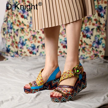 

Genuien Leather Platform Sandals Women Shoes 2019 Summer Vinatge High Heels Ladies Casual Shoes Wedge Chunky Sandals Gladiator